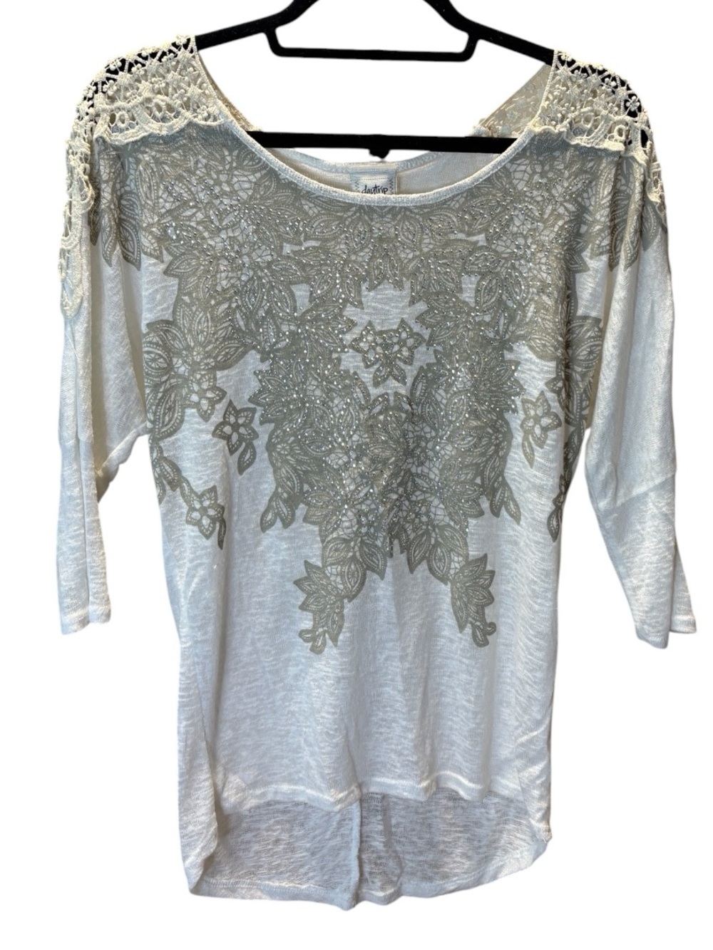 Daytrip Cream Lace Shoulder Embellished Long Sleeve Top